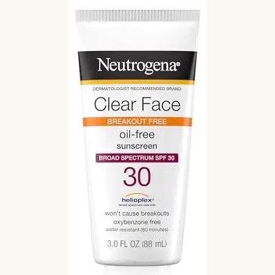 Neutrogena Clear Face Sunscreen for Acne-Prone Skin SPF 30, Broad Spectrum Facial Sunscreen Lotion, Lightweight, Non Comedogenic, Oil-, Fragrance- & Oxybenzone-Free Water Resistant (80 min), 3 fl. oz